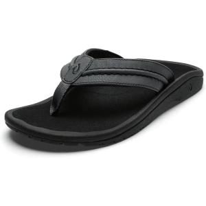 OLUKAI Hokua Men’s Beach Sandals, Quick-Dry Flip-Flop Slides, Water Resistant & Wet Grip Rubber Soles, Compression Molded Footbed & Soft Comfort Fit(Rock/Black)