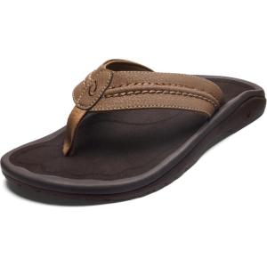 OLUKAI Hokua Men’s Beach Sandals, Quick-Dry Flip-Flop Slides, Water Resistant & Wet Grip Rubber Soles, Compression Molded Footbed & Soft Comfort Fit(Tan/Tan)