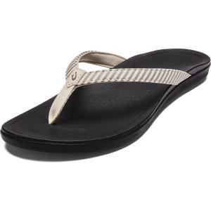 OLUKAI Ho’opio Hau Women’s Beach Sandals, Quick-Dry Flip-Flop Slides, Water Resistant Suede Lining & Wet Grip Soles, Soft Comfort Fit & Arch Support(Bone/Stripe)
