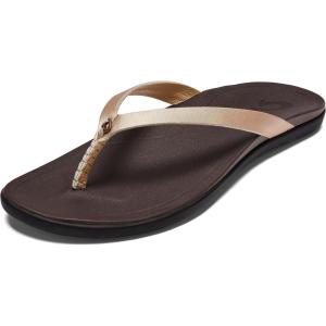 OLUKAI Ho’opio Hau Women’s Beach Sandals, Quick-Dry Flip-Flop Slides, Water Resistant Suede Lining & Wet Grip Soles, Soft Comfort Fit & Arch Support(Bubbly/Dk Java)