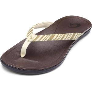 OLUKAI Ho’opio Hau Women’s Beach Sandals, Quick-Dry Flip-Flop Slides, Water Resistant Suede Lining & Wet Grip Soles, Soft Comfort Fit & Arch Support(Clay/Stripe)