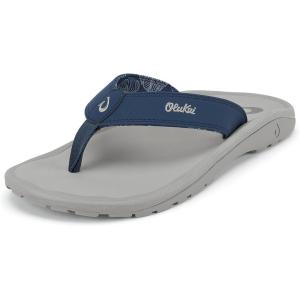 OLUKAI Ho’opio Hau Women’s Beach Sandals, Quick-Dry Flip-Flop Slides, Water Resistant Suede Lining & Wet Grip Soles, Soft Comfort Fit & Arch Support(Coastal Blue/Ash)
