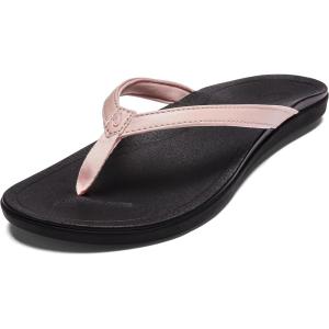 OLUKAI Ho’opio Hau Women’s Beach Sandals, Quick-Dry Flip-Flop Slides, Water Resistant Suede Lining & Wet Grip Soles, Soft Comfort Fit & Arch Support(Petal Pink Metallic/Black)