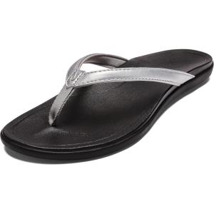 OLUKAI Ho’opio Hau Women’s Beach Sandals, Quick-Dry Flip-Flop Slides, Water Resistant Suede Lining & Wet Grip Soles, Soft Comfort Fit & Arch Support(Silver/Charcoal)