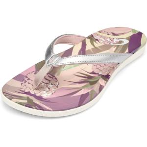 OLUKAI Ho’opio Hau Women’s Beach Sandals, Quick-Dry Flip-Flop Slides, Water Resistant Suede Lining & Wet Grip Soles, Soft Comfort Fit & Arch Support(Silver/Pineapple)