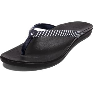 OLUKAI Ho’opio Hau Women’s Beach Sandals, Quick-Dry Flip-Flop Slides, Water Resistant Suede Lining & Wet Grip Soles, Soft Comfort Fit & Arch Support(Trench/Stripe)