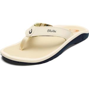 OLUKAI Ho’opio Hau Women’s Beach Sandals, Quick-Dry Flip-Flop Slides, Water Resistant Suede Lining & Wet Grip Soles, Soft Comfort Fit & Arch Support(White Sand/Deepest Depths)