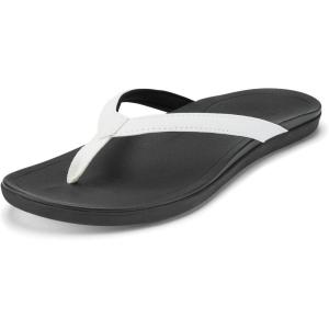 OLUKAI Ho’opio Hau Women’s Beach Sandals, Quick-Dry Flip-Flop Slides, Water Resistant Suede Lining & Wet Grip Soles, Soft Comfort Fit & Arch Support(White/Onyx)