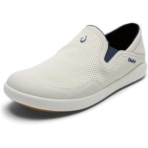 OLUKAI Moku Slip-On Men’s Boat Shoes, Enhanced Grip & Traction, Lightweight & Breathable Mesh, Comfort Fit & All-Day Wear(White Sand/Trench Blue)
