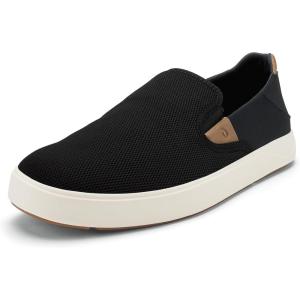 OLUKAI Men’s Lae’ahi NUI Slip-On Shoes, Everyday Shoe for Casual Wear, Premium Leather & Mesh Details, All-Day Comfort & Arch Support, Trench Blue/Tan, 11(Black/Tan)