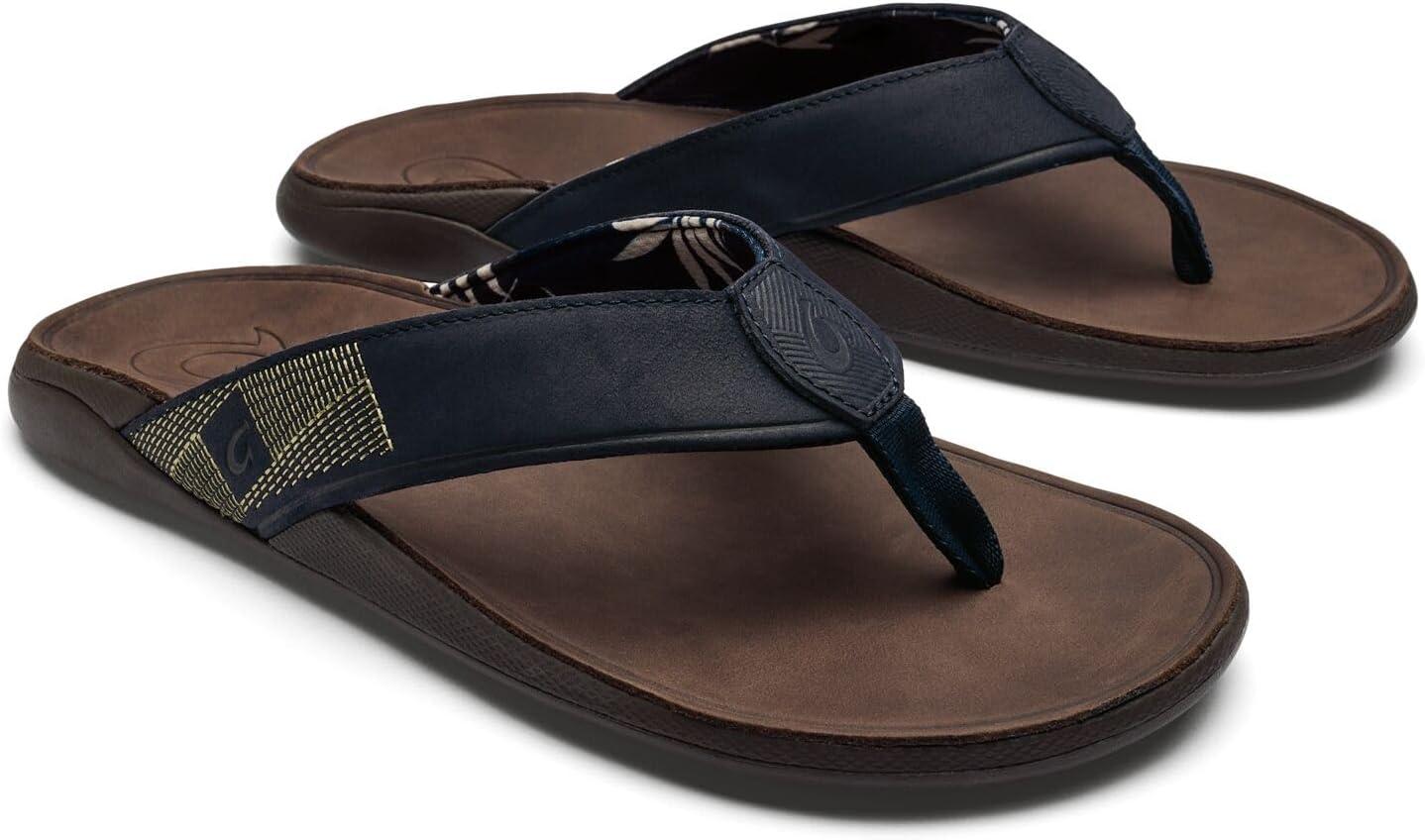 image:imageOLUKAI Tuahine Mens Waterproof Leather Sandals Versatile Beach Flip Flops Arch Support amp Comfort Fit Lightweight amp Durable Enhanced Grip amp TractionTrench BlueDk Wood