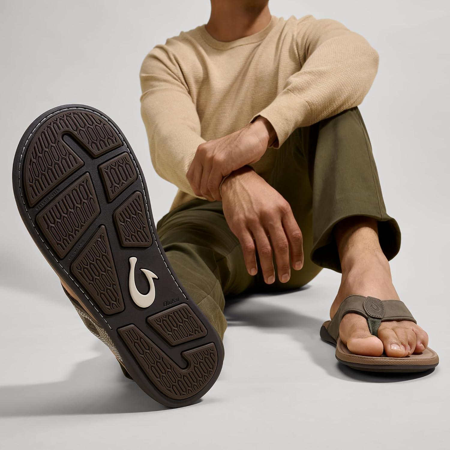 image:imageOLUKAI Tuahine Mens Waterproof Leather Sandals Versatile Beach Flip Flops Arch Support amp Comfort Fit Lightweight amp Durable Enhanced Grip amp TractionHunterGolden Sand