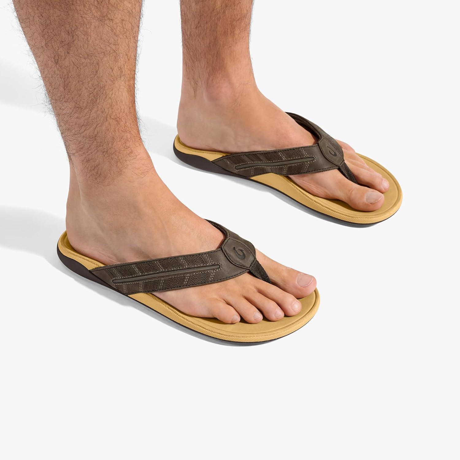 image:imageOLUKAI Tuahine Palm Mens Waterproof Leather Sandals Flip Flops for AllDay Wear Premium Materials amp Design Arch Support amp ComfortFitDk JavaGolden Sand