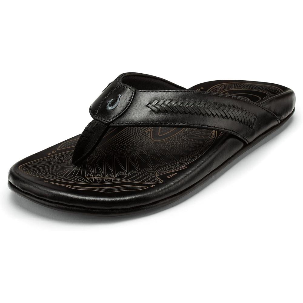 image:imageOLUKAI Mea Ola Mano Mens Leather Sandals Everyday Flip Flops Premium Materials amp Intricate Details Arch Support amp Comfort FitBlackDk Shadow
