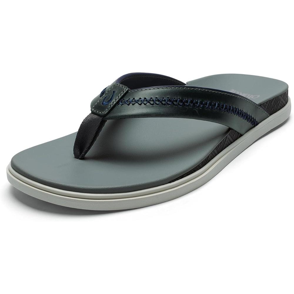 image:imageOLUKAI Mens Shoreline Leather Sandals Everyday FlipFlops with Premium Materials amp Rich Details AllDay Comfort amp Arch SupportRockPale Grey