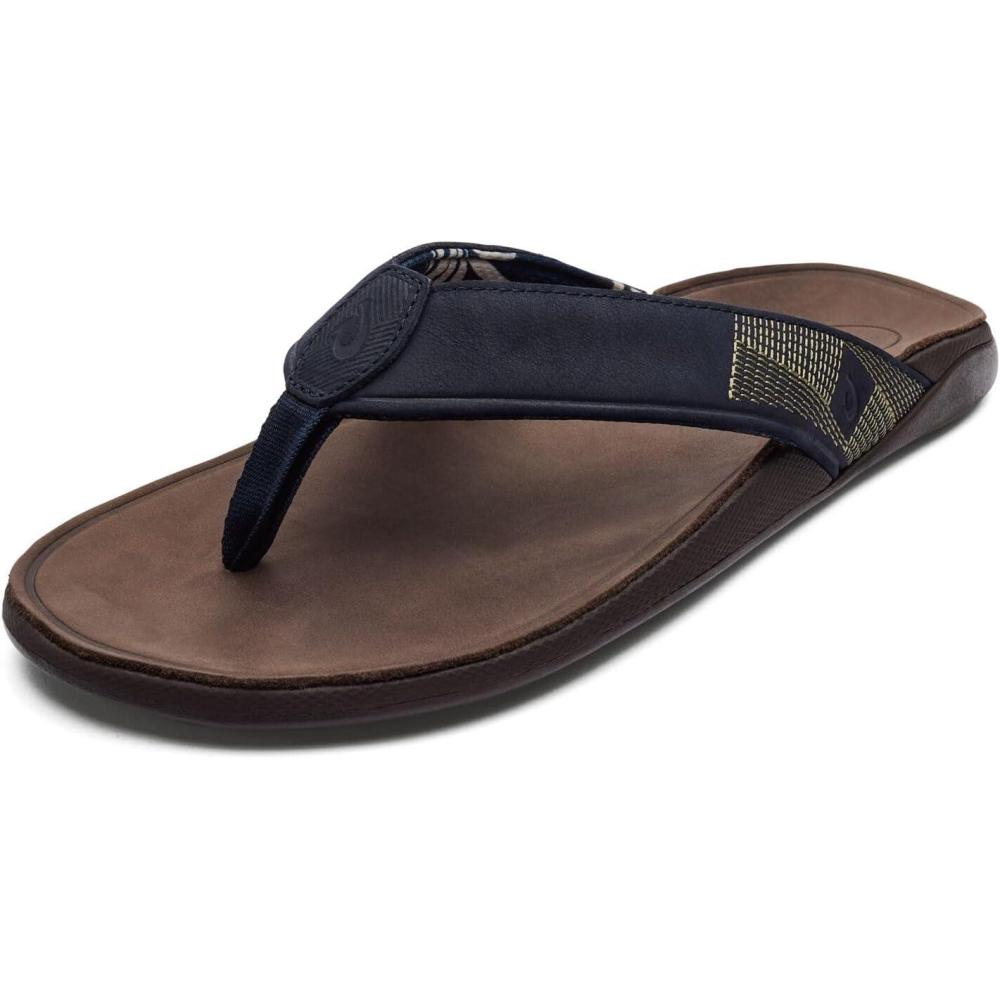 image:imageOLUKAI Tuahine Mens Waterproof Leather Sandals Versatile Beach Flip Flops Arch Support amp Comfort Fit Lightweight amp Durable Enhanced Grip amp TractionTrench BlueDk Wood