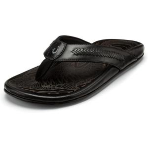 OLUKAI Mea Ola Mano Men’s Leather Sandals, Everyday Flip Flops, Premium Materials & Intricate Details, Arch Support & Comfort Fit(Black/Dk Shadow)