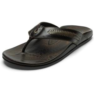 OLUKAI Mea Ola Mano Men’s Leather Sandals, Everyday Flip Flops, Premium Materials & Intricate Details, Arch Support & Comfort Fit(Dk Java/Mustang)