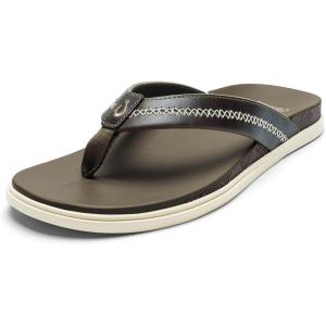OLUKAI Men’s Shoreline Leather Sandals, Everyday Flip-Flops with Premium Materials & Rich Details, All-Day Comfort & Arch Support(Mustang/Clay)