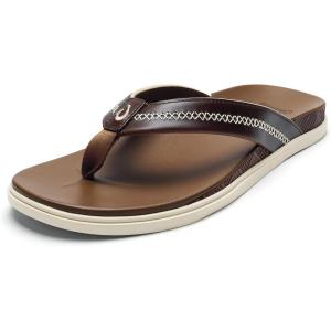 OLUKAI Men’s Shoreline Leather Sandals, Everyday Flip-Flops with Premium Materials & Rich Details, All-Day Comfort & Arch Support(Toffee/Toffee)