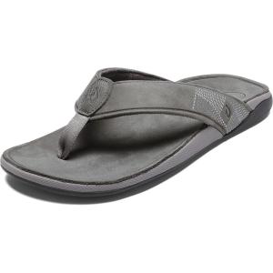 OLUKAI Tuahine Men’s Waterproof Leather Sandals, Versatile Beach Flip Flops, Arch Support & Comfort Fit, Lightweight & Durable, Enhanced Grip & Traction(Stone/Stone)