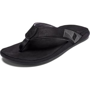OLUKAI Tuahine Men’s Waterproof Leather Sandals, Versatile Beach Flip Flops, Arch Support & Comfort Fit, Lightweight & Durable, Enhanced Grip & Traction(Black/Black)