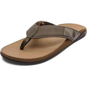 OLUKAI Tuahine Men’s Waterproof Leather Sandals, Versatile Beach Flip Flops, Arch Support & Comfort Fit, Lightweight & Durable, Enhanced Grip & Traction(Hunter/Golden Sand)