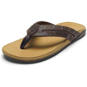 OLUKAI Tuahine Palm Men’s Waterproof Leather Sandals, Flip Flops for All-Day Wear, Premium Materials & Design, Arch Support & Comfort-Fit(Dk Java/Golden Sand)