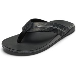 OLUKAI Tuahine Palm Men’s Waterproof Leather Sandals, Flip Flops for All-Day Wear, Premium Materials & Design, Arch Support & Comfort-Fit(Lava Rock/Dk Sha)