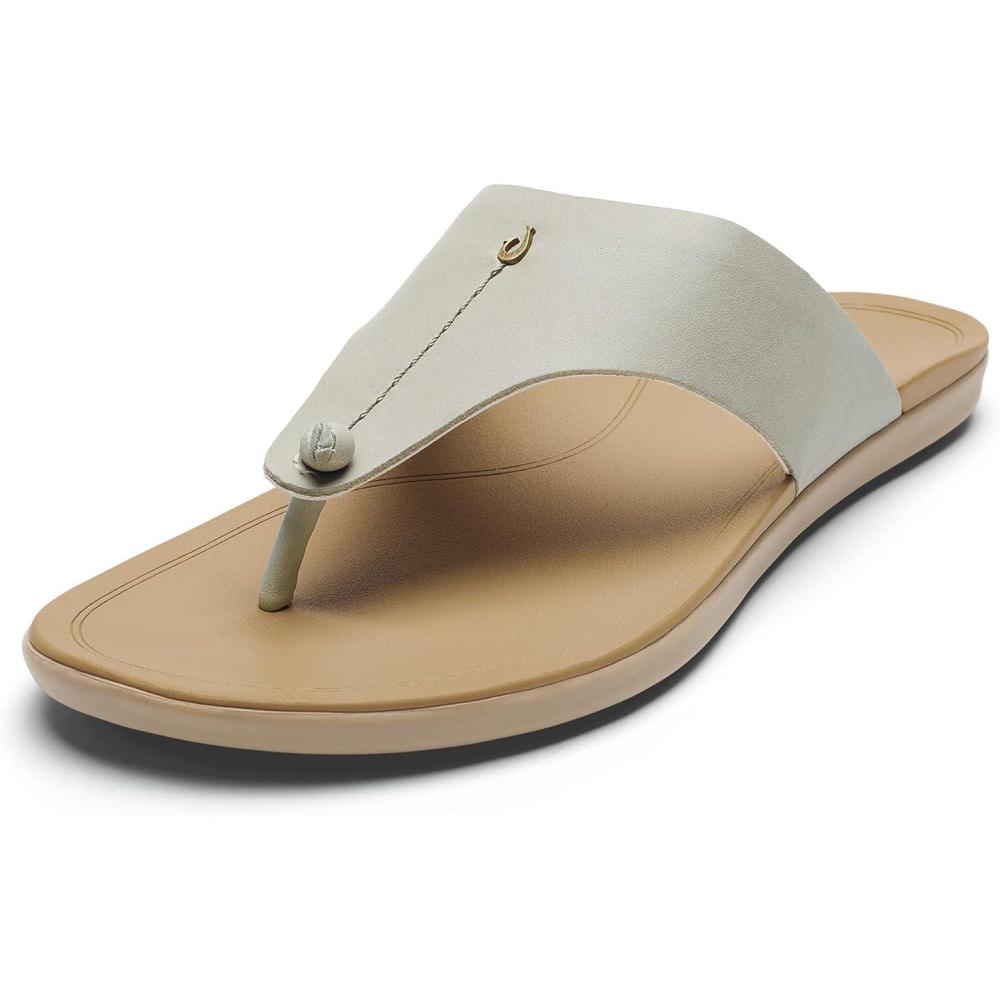 image:imageOLUKAI Hoopio Mele Womens Leather FlipFlop Sandal Premium FullGrain Leather Comfortable Arch Support for Everyday StyleTapaWarm Sand