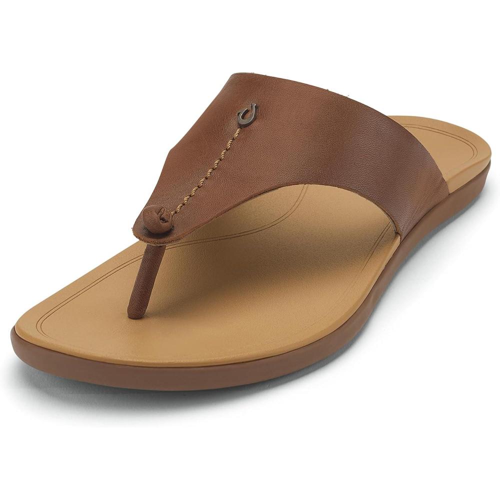 image:imageOLUKAI Hoopio Mele Womens Leather FlipFlop Sandal Premium FullGrain Leather Comfortable Arch Support for Everyday StyleToffeeWarm Sand