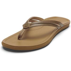 OLUKAI Ho’opio Hui Women’s Leather Sandals, Flip Flops for Everyday Wear, Arch Support & Comfort Fit(Sahara/Sahara)