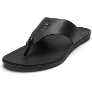 OLUKAI Ho’opio Mele Women’s Leather Flip-Flop Sandal, Premium Full-Grain Leather, Comfortable Arch Support for Everyday Style(Black/Black)