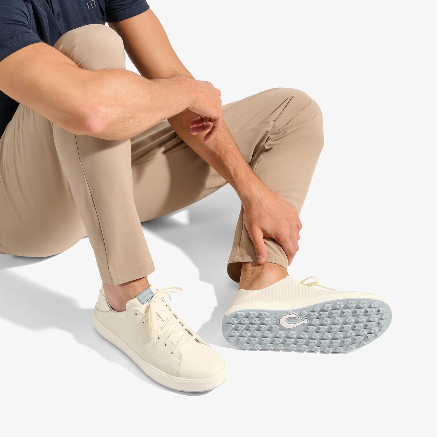 image:imageOLUKAI Waialae Mens Golf Shoes Spikeless Golf Shoes Supple FullGrain Leather amp Contoured Footbed Waterproof amp StainResistantWhite SandBlue Pearl