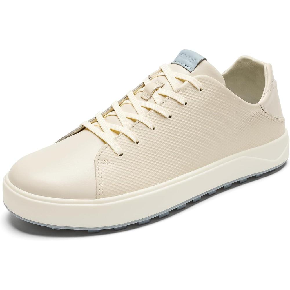 image:imageOLUKAI Waialae Mens Golf Shoes Spikeless Golf Shoes Supple FullGrain Leather amp Contoured Footbed Waterproof amp StainResistantWhite SandBlue Pearl